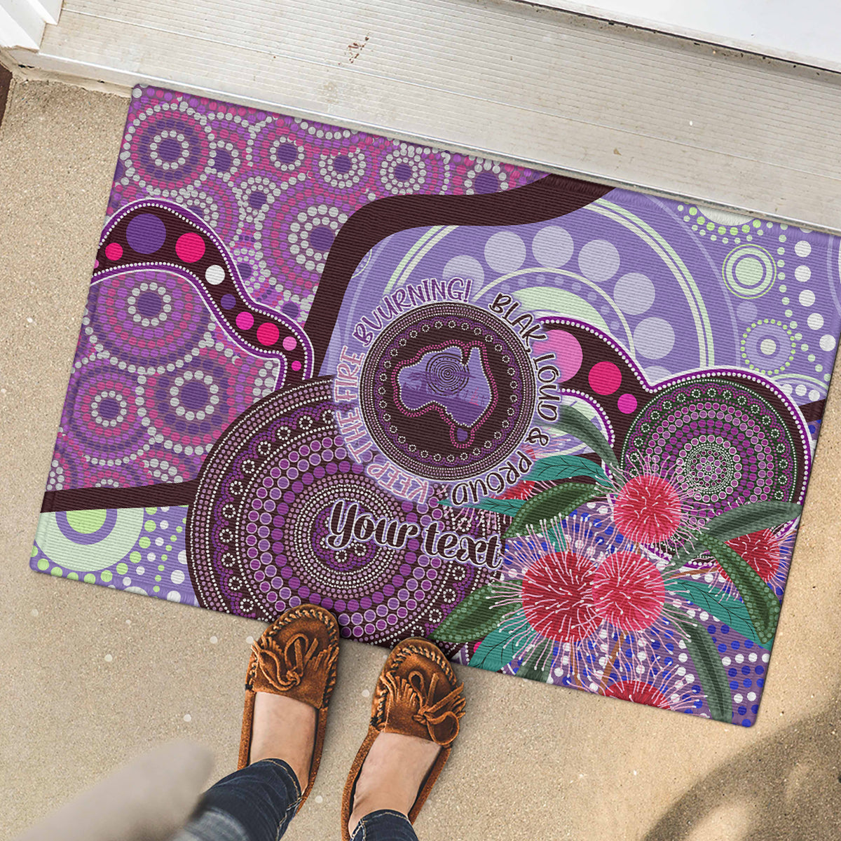 Personalised Australia NAIDOC 2024 Rubber Doormat Keep the Fire Burning Hakea Flowers