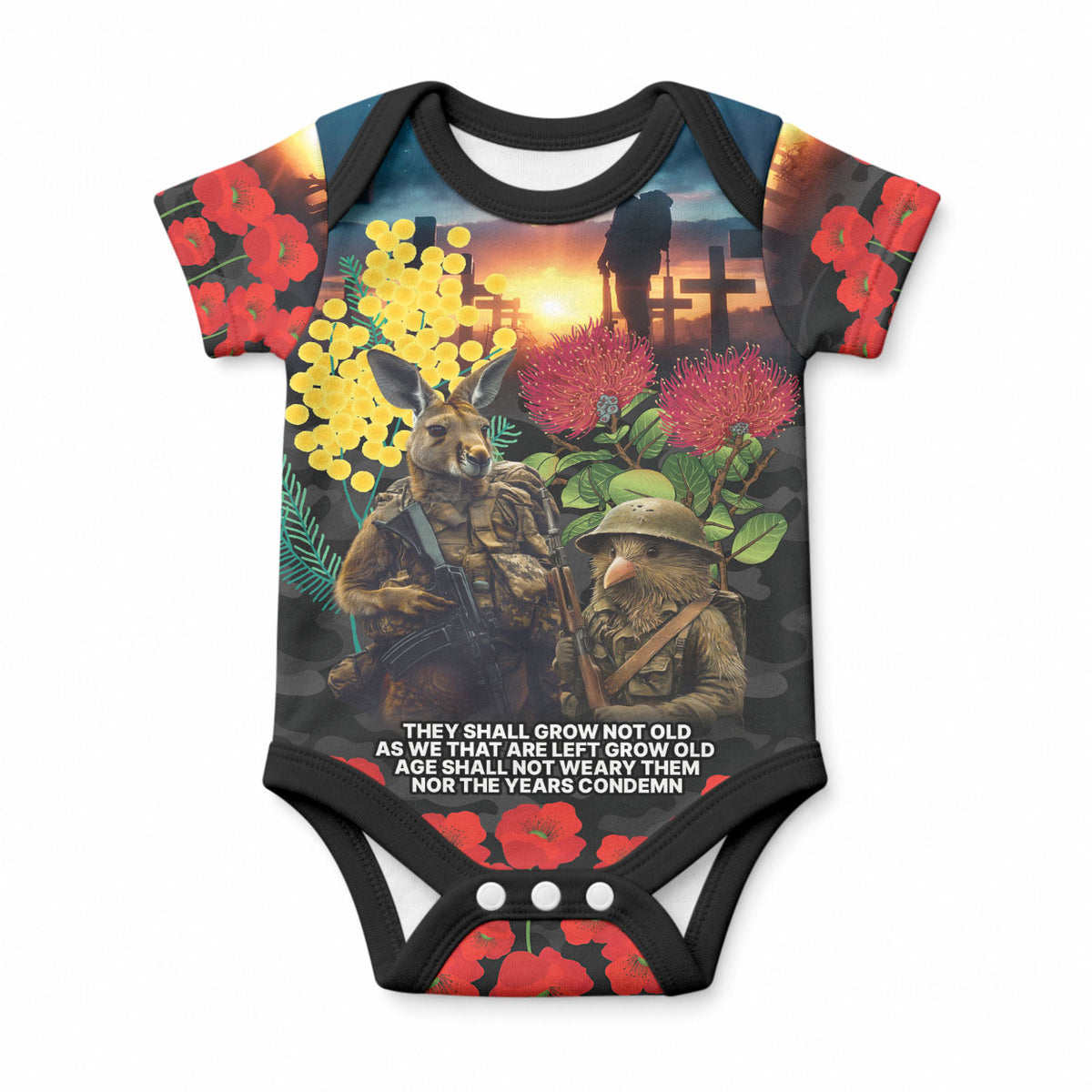 Kangaroo-Kiwi Soldier ANZAC Personalised Baby Onesie Golden Wattle and Pohutukawa Flowers