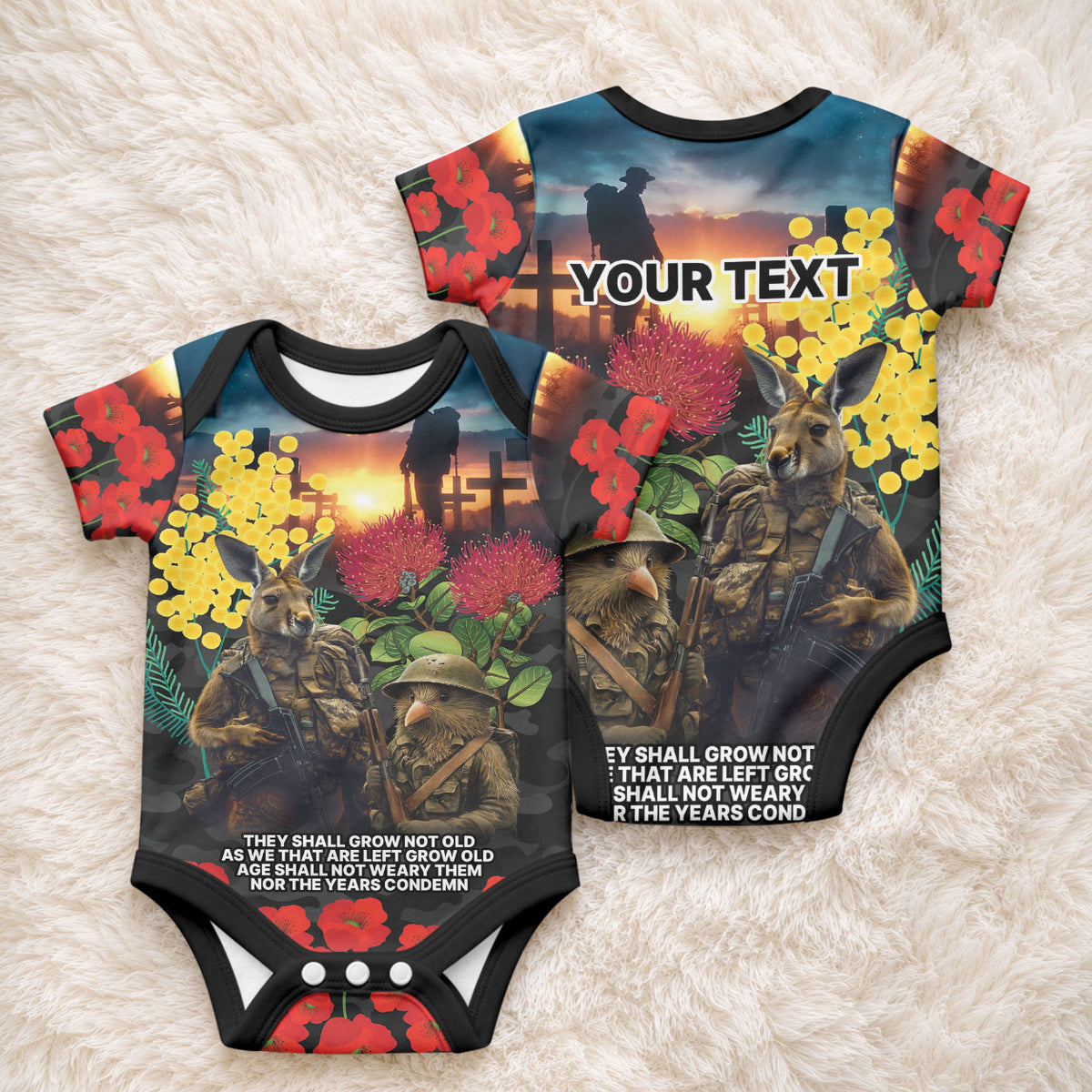 Kangaroo-Kiwi Soldier ANZAC Personalised Baby Onesie Golden Wattle and Pohutukawa Flowers