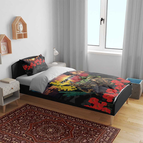 Kangaroo-Kiwi Soldier ANZAC Personalised Bedding Set Golden Wattle and Pohutukawa Flowers