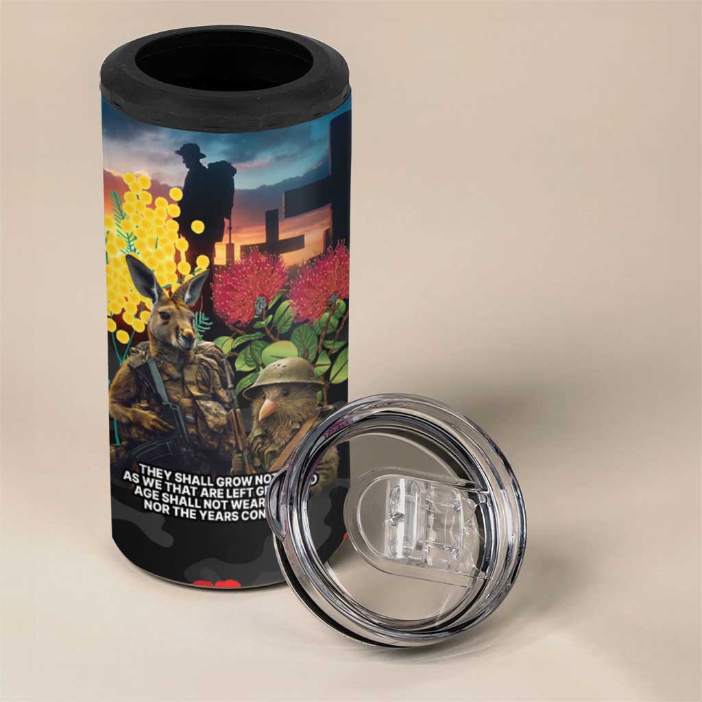 Kangaroo-Kiwi Soldier ANZAC Personalised 4 in 1 Can Cooler Tumbler Golden Wattle and Pohutukawa Flowers