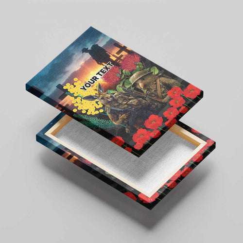 Kangaroo-Kiwi Soldier ANZAC Personalised Canvas Wall Art Golden Wattle and Pohutukawa Flowers