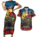 Kangaroo-Kiwi Soldier ANZAC Personalised Couples Matching Short Sleeve Bodycon Dress and Hawaiian Shirt Golden Wattle and Pohutukawa Flowers