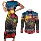 Kangaroo-Kiwi Soldier ANZAC Personalised Couples Matching Short Sleeve Bodycon Dress and Long Sleeve Button Shirt Golden Wattle and Pohutukawa Flowers