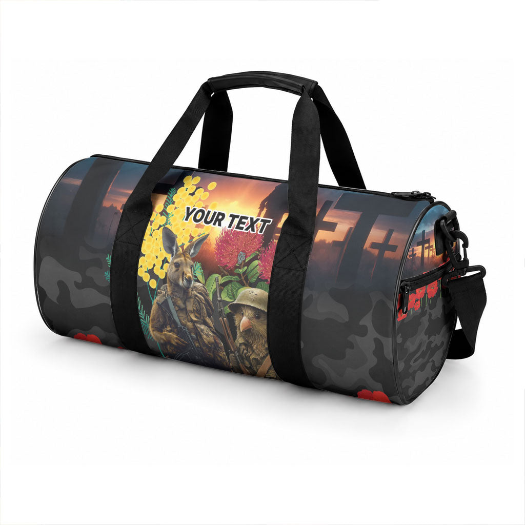Kangaroo-Kiwi Soldier ANZAC Personalised Duffle Bag Golden Wattle and Pohutukawa Flowers