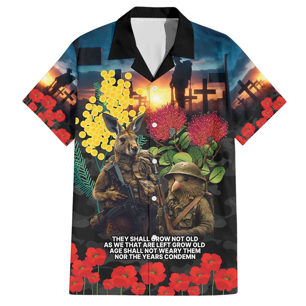 Kangaroo-Kiwi Soldier ANZAC Personalised Family Matching Off Shoulder Maxi Dress and Hawaiian Shirt Golden Wattle and Pohutukawa Flowers