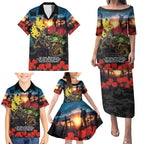 Kangaroo-Kiwi Soldier ANZAC Personalised Family Matching Puletasi and Hawaiian Shirt Golden Wattle and Pohutukawa Flowers