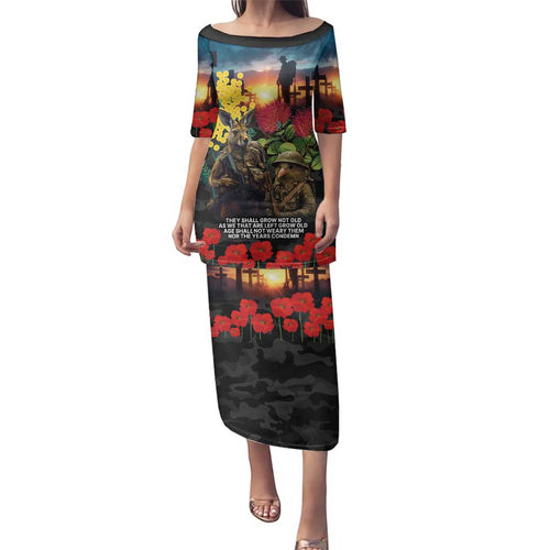 Kangaroo-Kiwi Soldier ANZAC Personalised Family Matching Puletasi and Hawaiian Shirt Golden Wattle and Pohutukawa Flowers