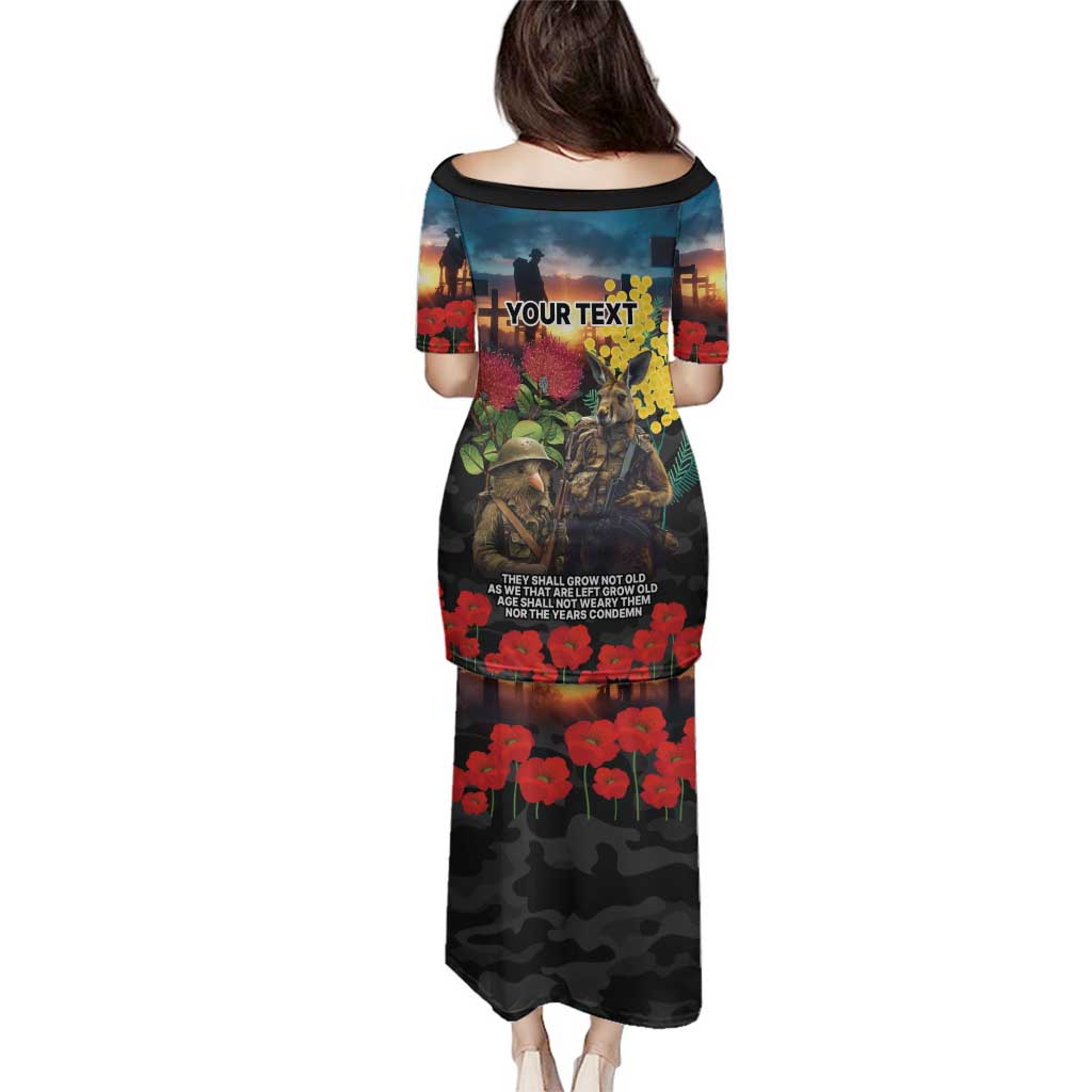 Kangaroo-Kiwi Soldier ANZAC Personalised Family Matching Puletasi and Hawaiian Shirt Golden Wattle and Pohutukawa Flowers