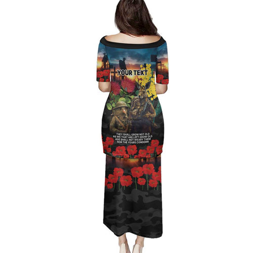 Kangaroo-Kiwi Soldier ANZAC Personalised Family Matching Puletasi and Hawaiian Shirt Golden Wattle and Pohutukawa Flowers