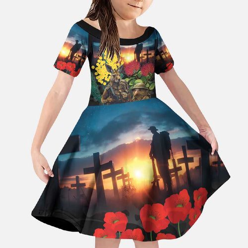Kangaroo-Kiwi Soldier ANZAC Personalised Family Matching Short Sleeve Bodycon Dress and Hawaiian Shirt Golden Wattle and Pohutukawa Flowers