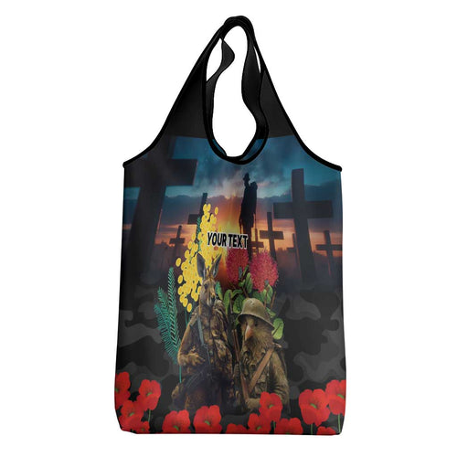 Kangaroo-Kiwi Soldier ANZAC Personalised Grocery Bag Golden Wattle and Pohutukawa Flowers