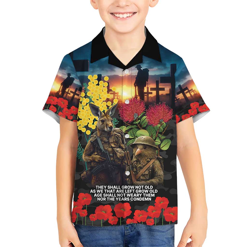 Kangaroo-Kiwi Soldier ANZAC Personalised Hawaiian Shirt Golden Wattle and Pohutukawa Flowers