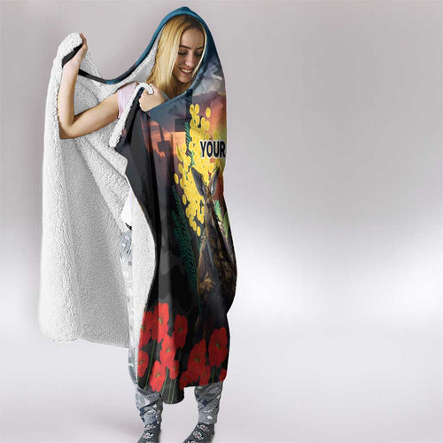 Kangaroo-Kiwi Soldier ANZAC Personalised Hooded Blanket Golden Wattle and Pohutukawa Flowers