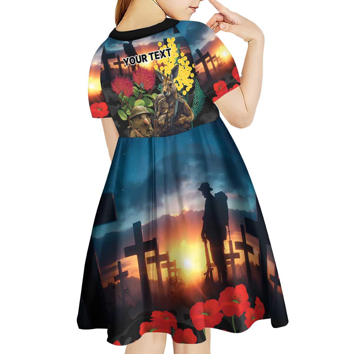 Kangaroo-Kiwi Soldier ANZAC Personalised Kid Short Sleeve Dress Golden Wattle and Pohutukawa Flowers