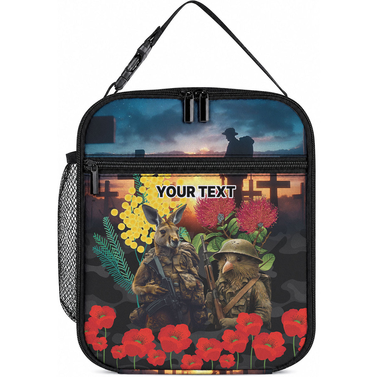 Kangaroo-Kiwi Soldier ANZAC Personalised Lunch Bag Golden Wattle and Pohutukawa Flowers