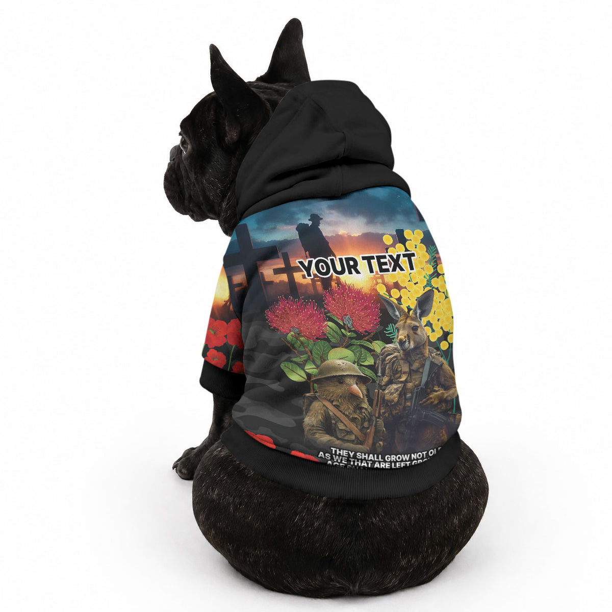 Kangaroo-Kiwi Soldier ANZAC Personalised Pet Hoodie Golden Wattle and Pohutukawa Flowers