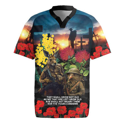 Kangaroo-Kiwi Soldier ANZAC Personalised Rugby Jersey Golden Wattle and Pohutukawa Flowers