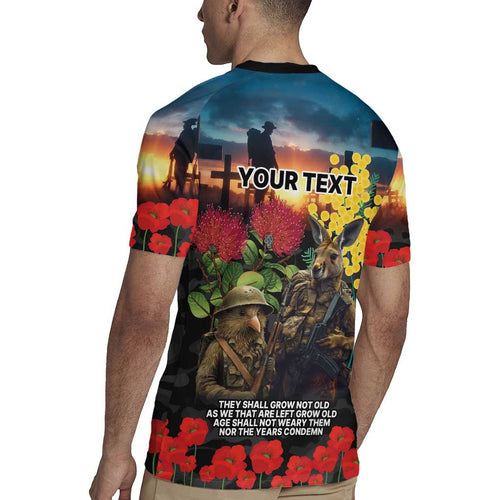 Kangaroo-Kiwi Soldier ANZAC Personalised Rugby Jersey Golden Wattle and Pohutukawa Flowers
