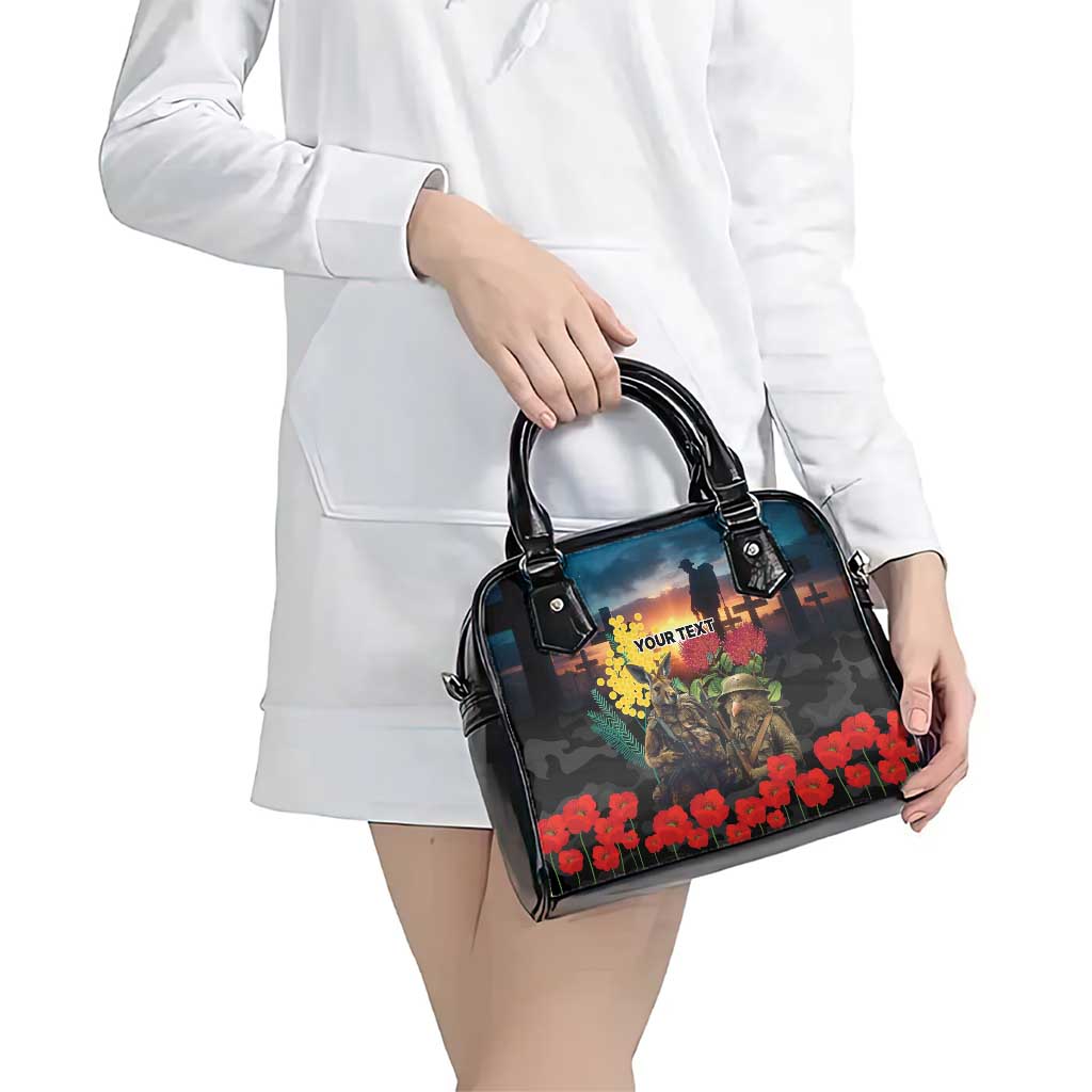 Kangaroo-Kiwi Soldier ANZAC Personalised Shoulder Handbag Golden Wattle and Pohutukawa Flowers