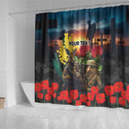 Kangaroo-Kiwi Soldier ANZAC Personalised Shower Curtain Golden Wattle and Pohutukawa Flowers