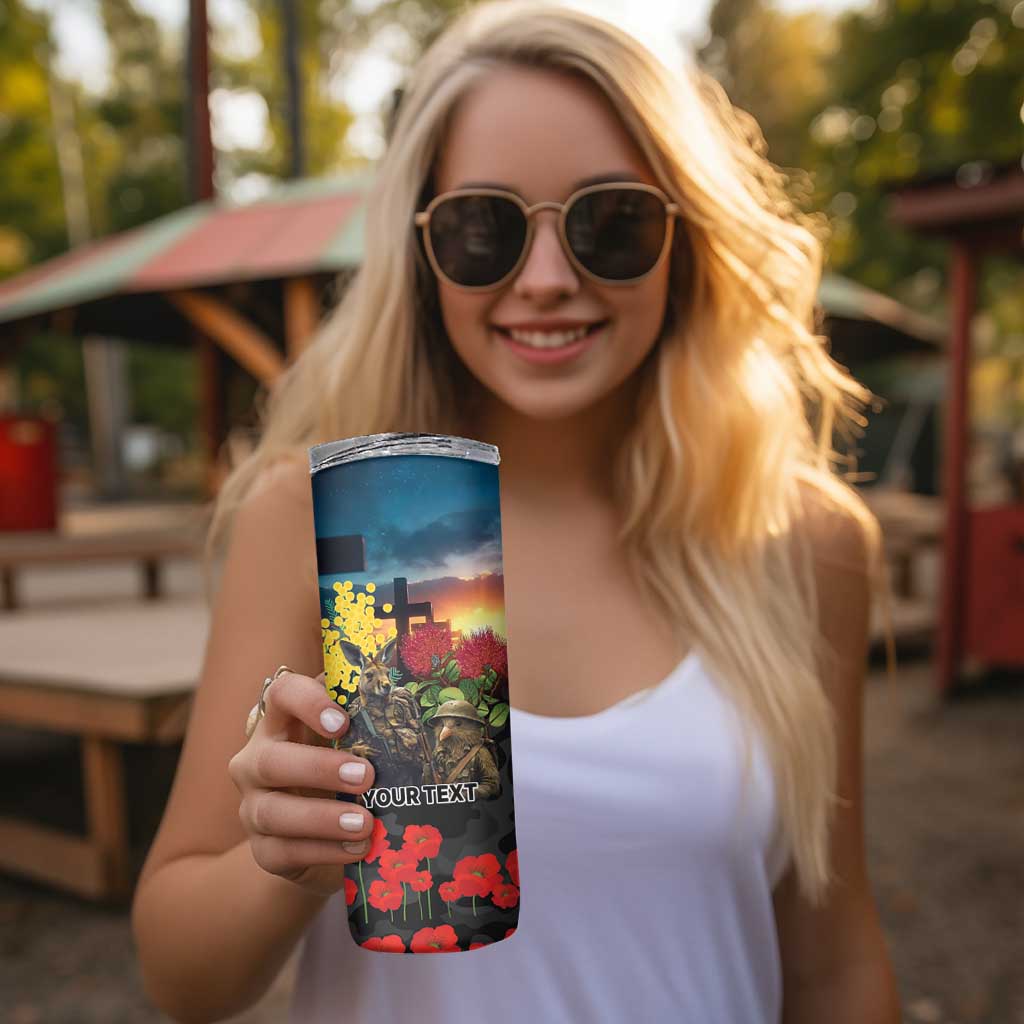 Kangaroo-Kiwi Soldier ANZAC Personalised Skinny Tumbler Golden Wattle and Pohutukawa Flowers