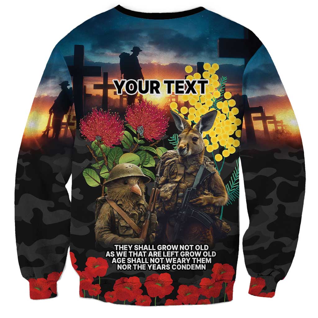 Kangaroo-Kiwi Soldier ANZAC Personalised Sweatshirt Golden Wattle and Pohutukawa Flowers