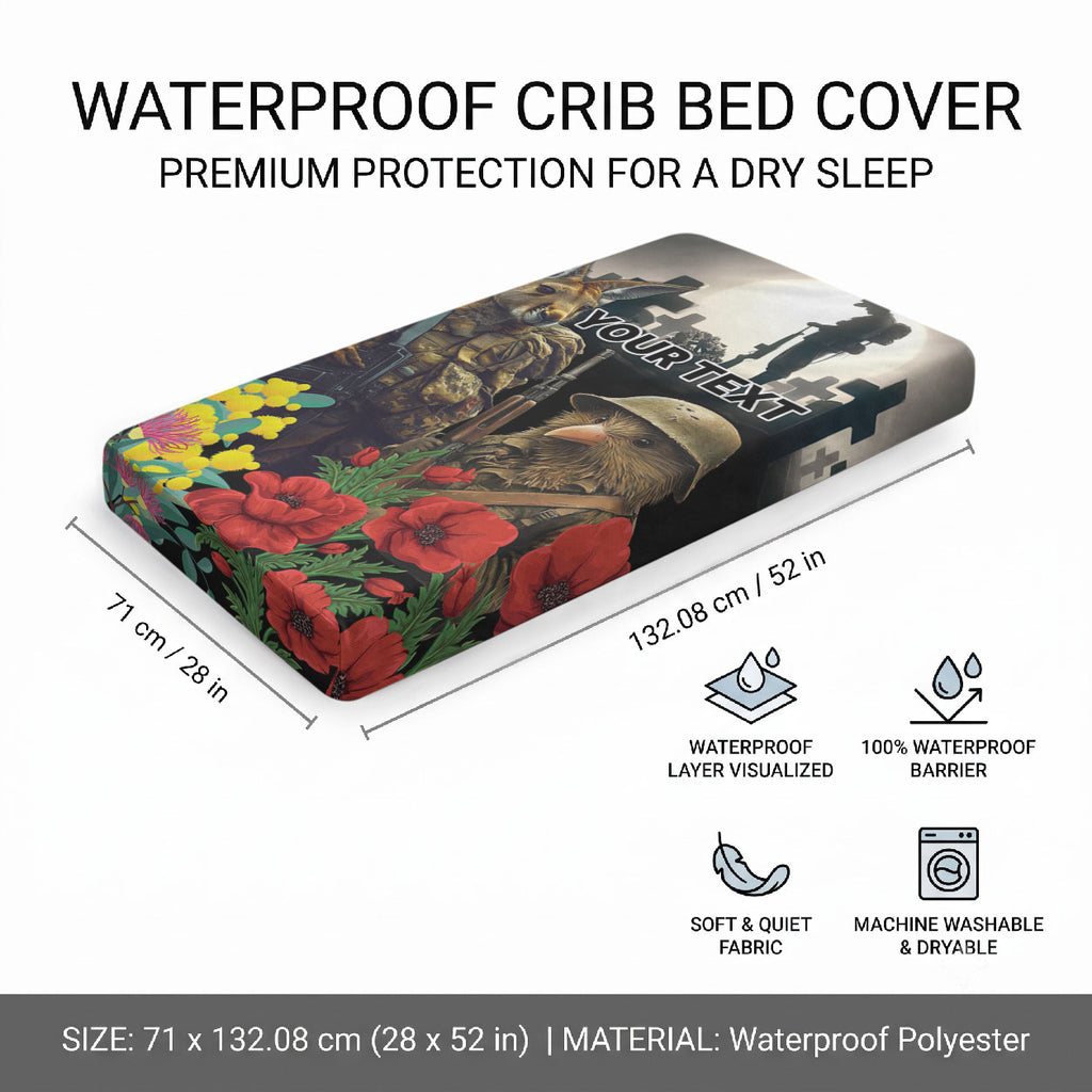 Kangaroo-Kiwi Soldier ANZAC Personalised Baby Bed Cover Golden Wattle Poppy Flowers