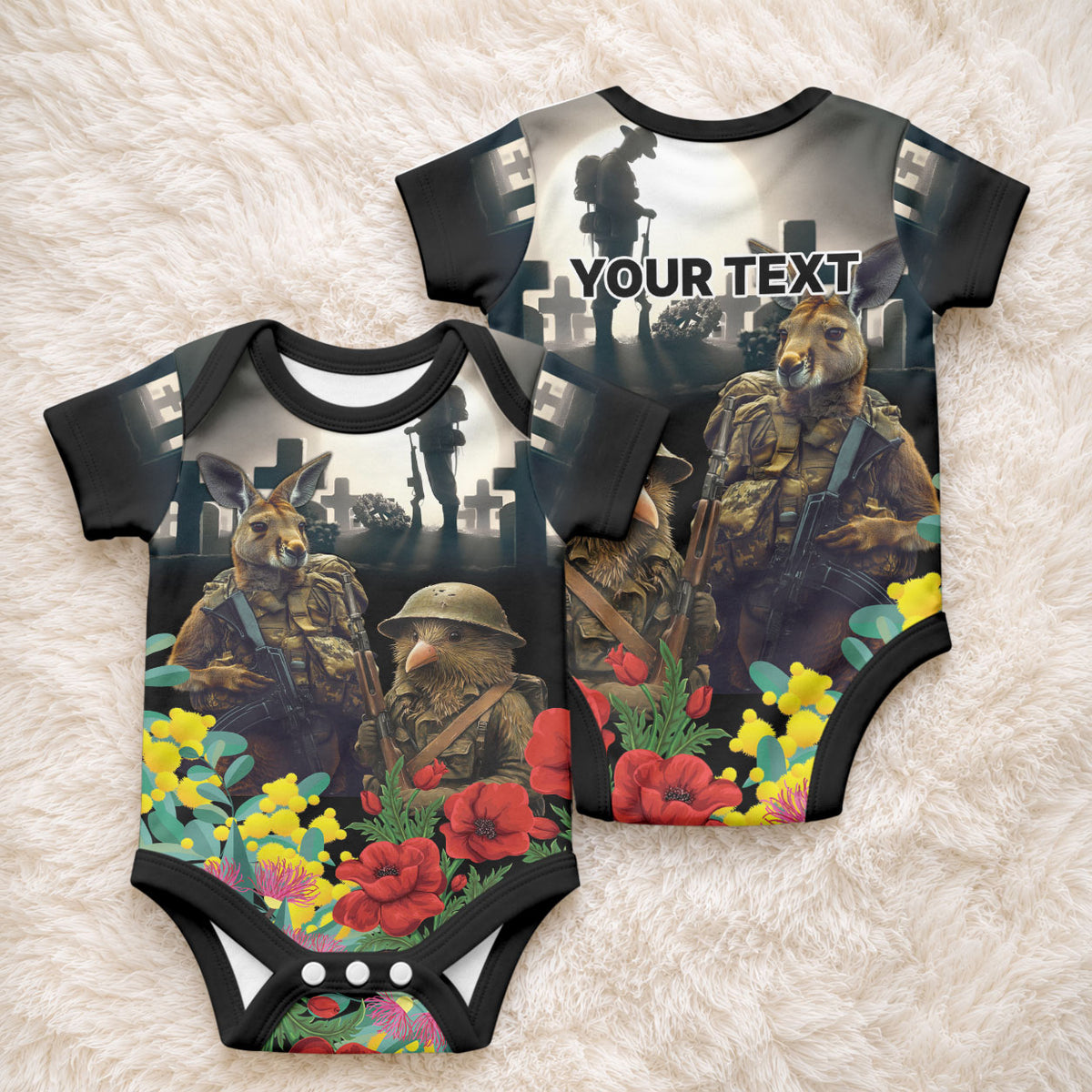 Kangaroo-Kiwi Soldier ANZAC Personalised Baby Onesie Golden Wattle Poppy Flowers