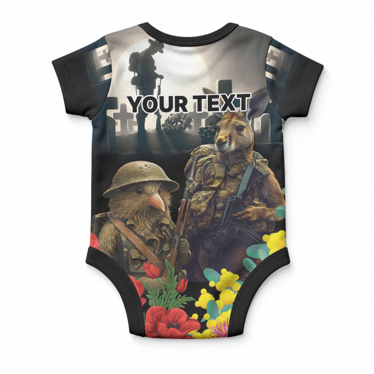 Kangaroo-Kiwi Soldier ANZAC Personalised Baby Onesie Golden Wattle Poppy Flowers