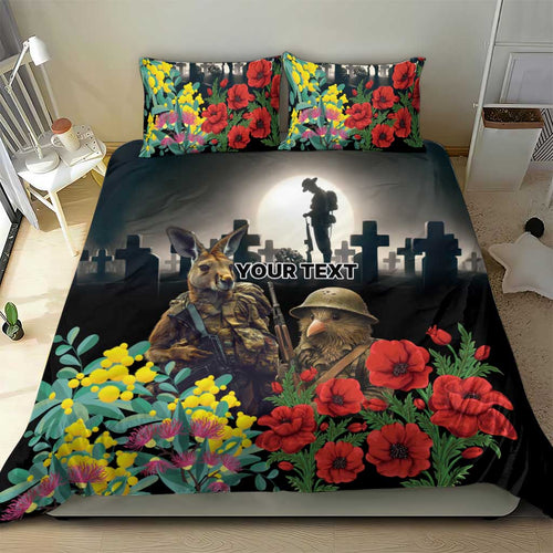 Kangaroo-Kiwi Soldier ANZAC Personalised Bedding Set Golden Wattle Poppy Flowers
