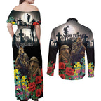 Kangaroo-Kiwi Soldier ANZAC Personalised Couples Matching Off Shoulder Maxi Dress and Long Sleeve Button Shirt Golden Wattle Poppy Flowers