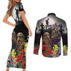 Kangaroo-Kiwi Soldier ANZAC Personalised Couples Matching Short Sleeve Bodycon Dress and Long Sleeve Button Shirt Golden Wattle Poppy Flowers