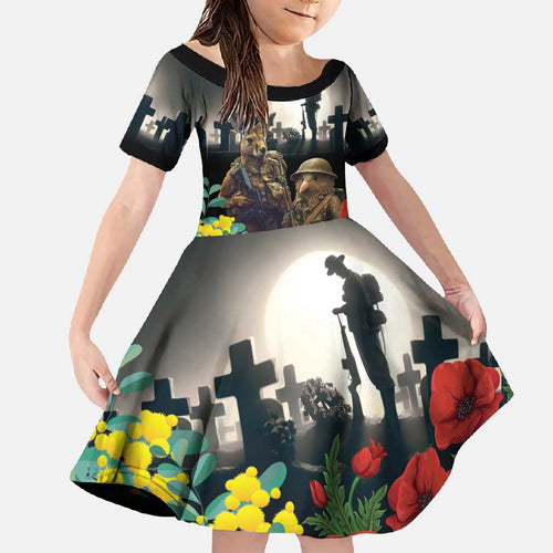 Kangaroo-Kiwi Soldier ANZAC Personalised Family Matching Long Sleeve Bodycon Dress and Hawaiian Shirt Golden Wattle Poppy Flowers