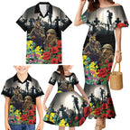 Kangaroo-Kiwi Soldier ANZAC Personalised Family Matching Mermaid Dress and Hawaiian Shirt Golden Wattle Poppy Flowers