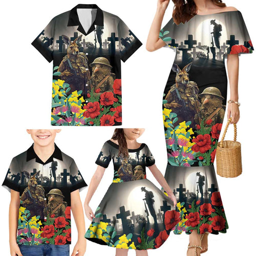 Kangaroo-Kiwi Soldier ANZAC Personalised Family Matching Mermaid Dress and Hawaiian Shirt Golden Wattle Poppy Flowers
