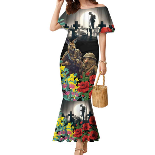 Kangaroo-Kiwi Soldier ANZAC Personalised Family Matching Mermaid Dress and Hawaiian Shirt Golden Wattle Poppy Flowers
