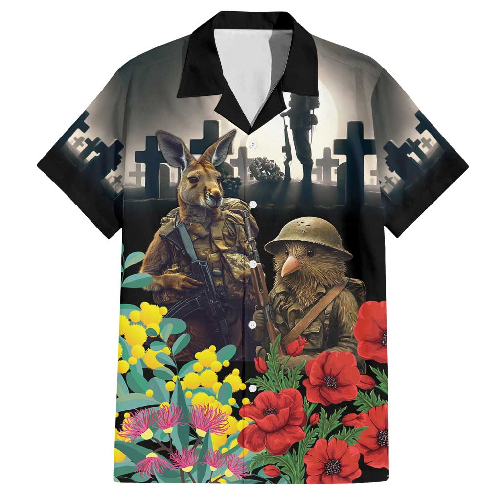 Kangaroo-Kiwi Soldier ANZAC Personalised Family Matching Off Shoulder Maxi Dress and Hawaiian Shirt Golden Wattle Poppy Flowers