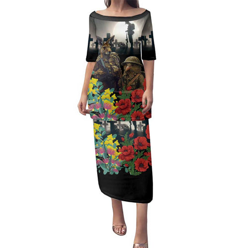 Kangaroo-Kiwi Soldier ANZAC Personalised Family Matching Puletasi and Hawaiian Shirt Golden Wattle Poppy Flowers