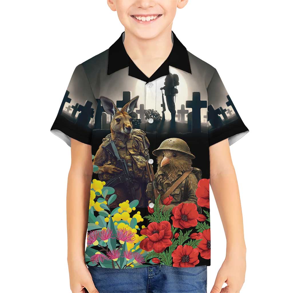 Kangaroo-Kiwi Soldier ANZAC Personalised Hawaiian Shirt Golden Wattle Poppy Flowers
