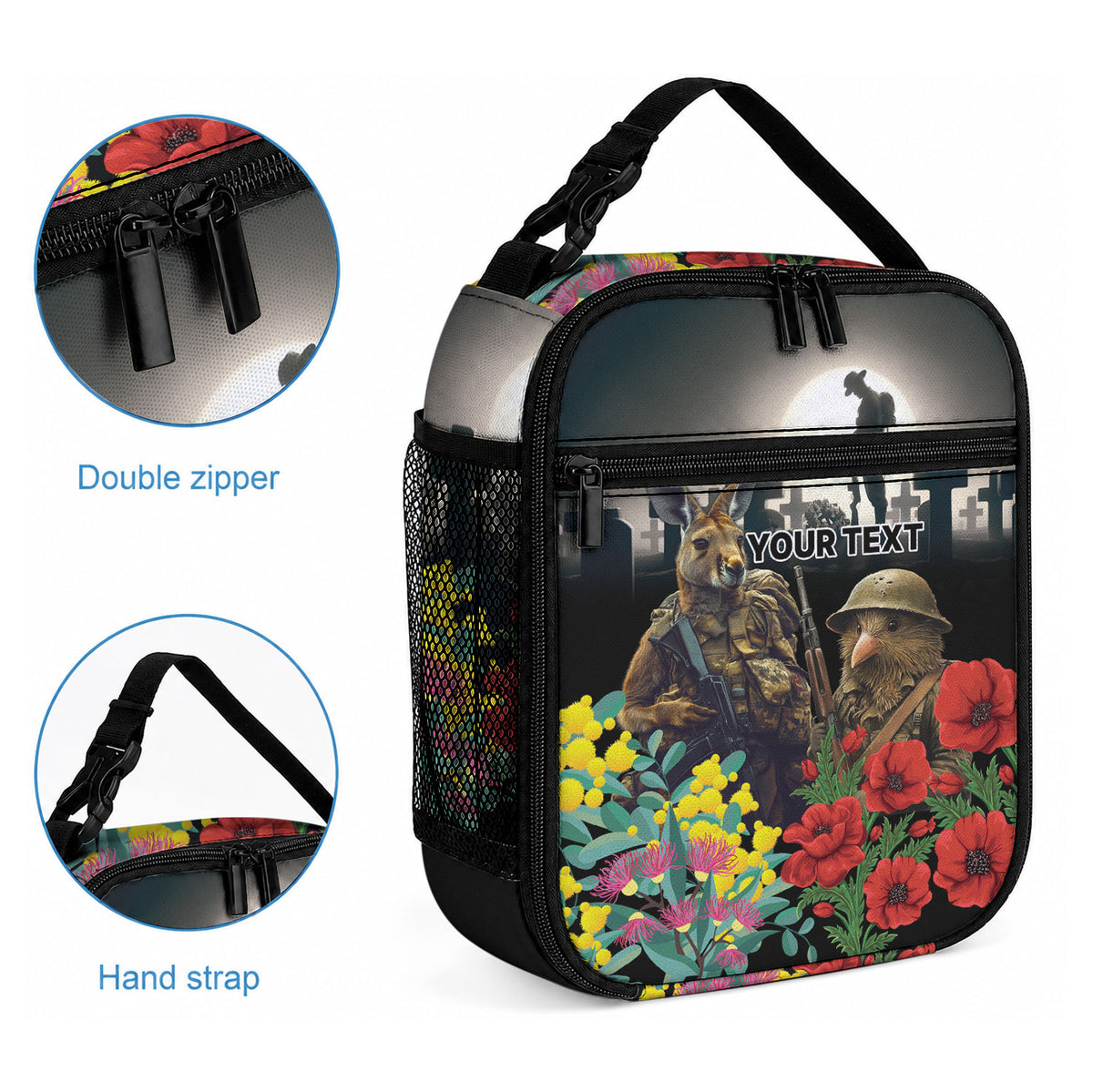 Kangaroo-Kiwi Soldier ANZAC Personalised Lunch Bag Golden Wattle Poppy Flowers