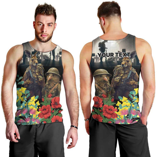 Kangaroo-Kiwi Soldier ANZAC Personalised Men Tank Top Golden Wattle Poppy Flowers