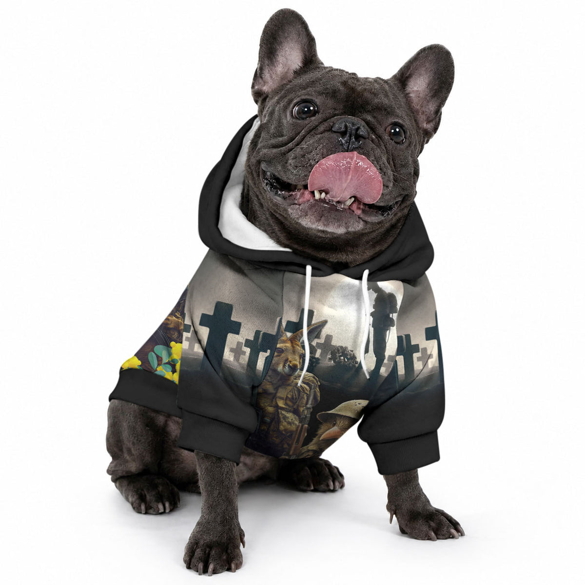 Kangaroo-Kiwi Soldier ANZAC Personalised Pet Hoodie Golden Wattle Poppy Flowers