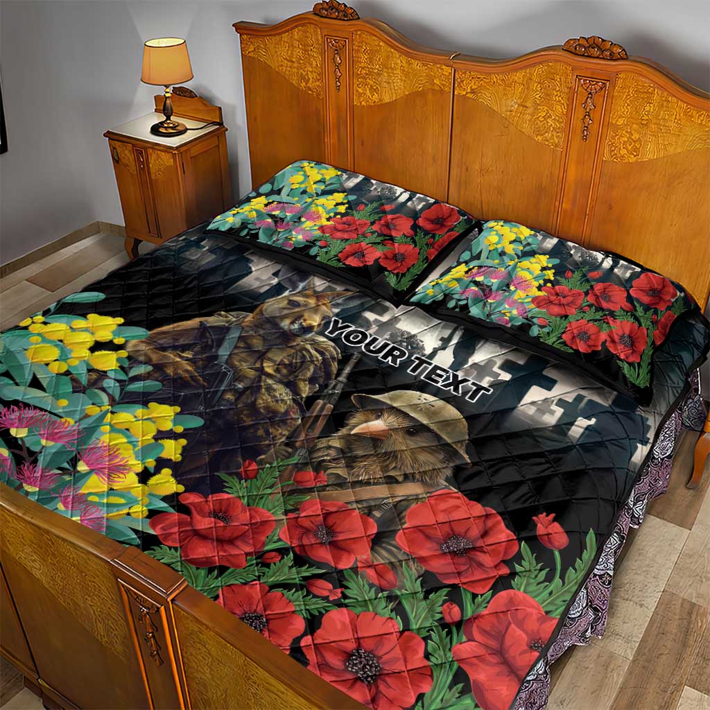 Kangaroo-Kiwi Soldier ANZAC Personalised Quilt Bed Set Golden Wattle Poppy Flowers