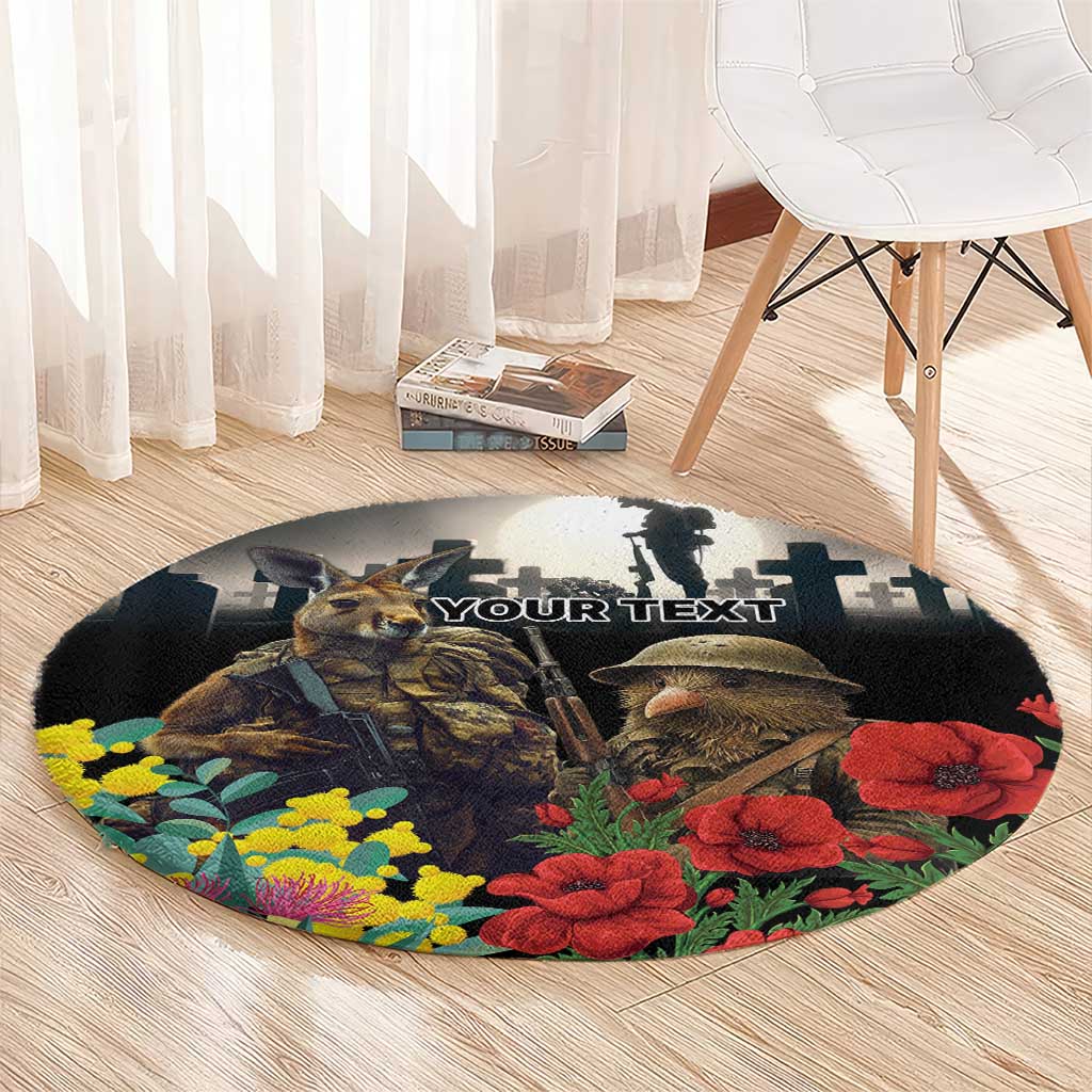 Kangaroo-Kiwi Soldier ANZAC Personalised Round Carpet Golden Wattle Poppy Flowers