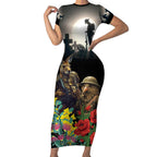 Kangaroo-Kiwi Soldier ANZAC Personalised Short Sleeve Bodycon Dress Golden Wattle Poppy Flowers