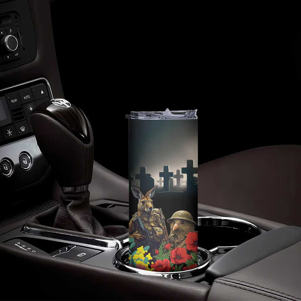 Kangaroo-Kiwi Soldier ANZAC Personalised Skinny Tumbler Golden Wattle Poppy Flowers