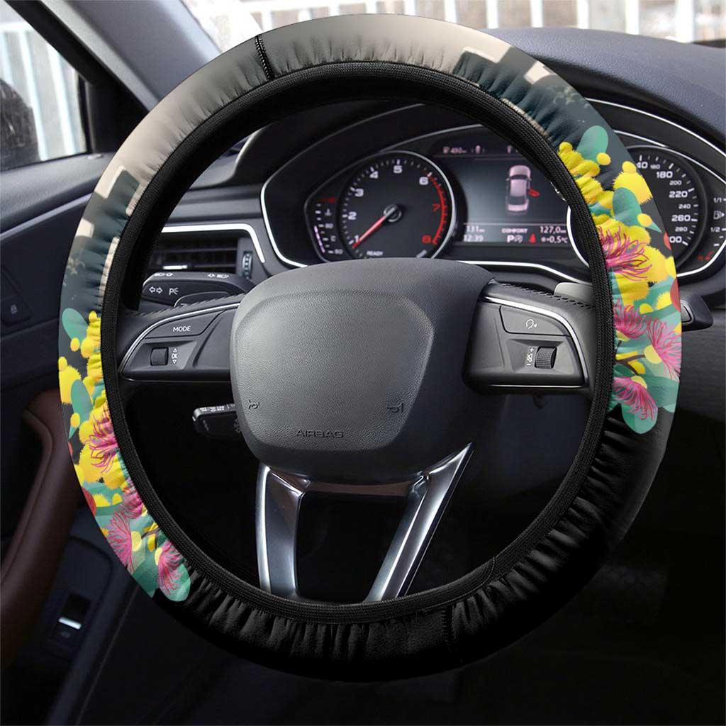 Kangaroo-Kiwi Soldier ANZAC Steering Wheel Cover Golden Wattle Poppy Flowers