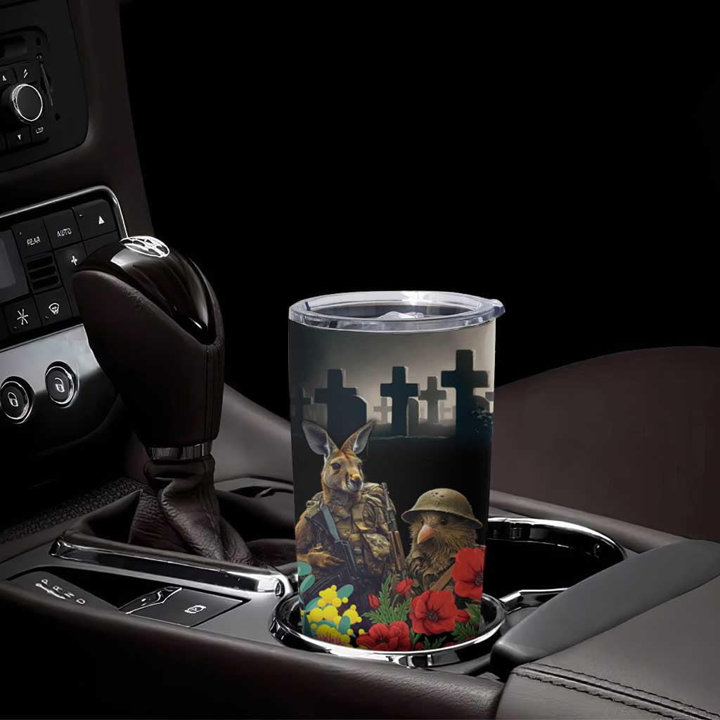 Kangaroo-Kiwi Soldier ANZAC Personalised Tumbler Cup Golden Wattle Poppy Flowers