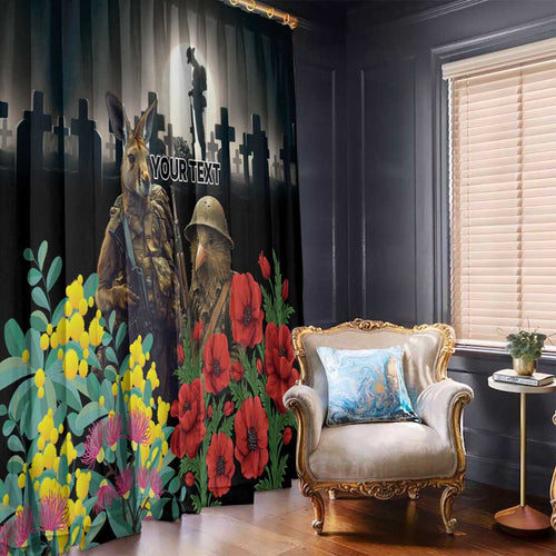 Kangaroo-Kiwi Soldier ANZAC Personalised Window Curtain Golden Wattle Poppy Flowers